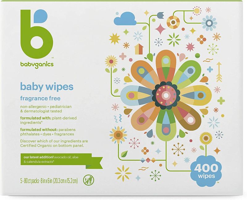 Photo 1 of Baby Wipes, Babyganics Unscented Diaper Wipes , 400 Count, (5 Packs of 80), Non-Allergenic and formulated with Plant Derived Ingredients
