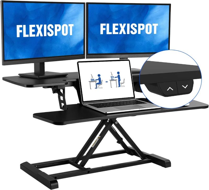 Photo 1 of FLEXISPOT Motorized Standing Desk Converter 35" Wide Electric Stand up Desk Riser for Monitor and Laptop,Black Height Adjustable Desk for Home Office