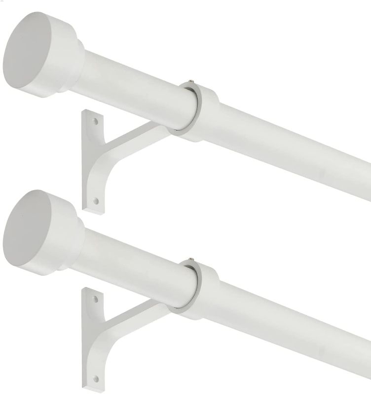 Photo 1 of 2 Pack Heavy Duty 1 Inch Diameter Single Curtain Rods 72-144” Adjustable Window Curtain Rod with Cylindrical Cap Finials, Wall Mount and Ceiling Mount, Matte White 