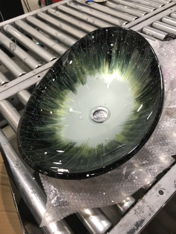 Photo 5 of YIMAI Ingenuity Vessel Sink 20.8"x13.7" Bathroom Sinks with Faucet Combo Tempered Glass Art Basin Round Bowl, 20202C(Gradient Green)