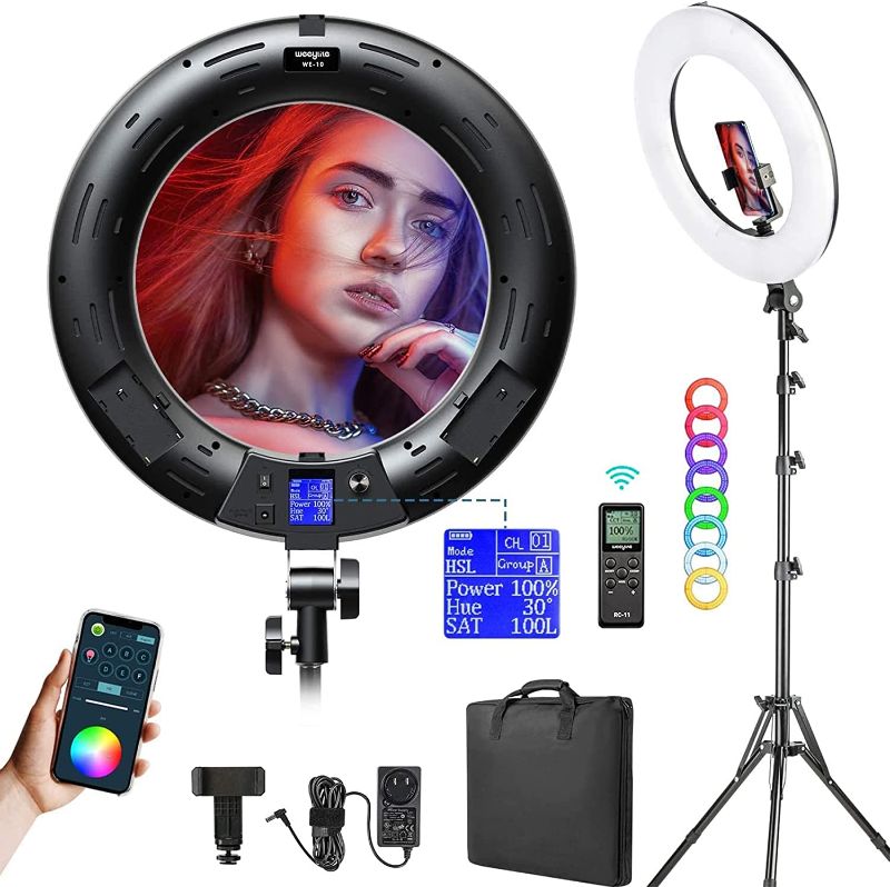 Photo 1 of Weeylite WE-10 18 Inch Ring Light, RGB Light Ring with Tripod Stand & Phone Holder, Remote/APP Control, Dimmable 2500K-8500K CRI95 Circle Selfie Light for Live Stream Makeup Selfie Video Tiktok
