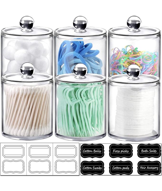 Photo 1 of 6 Pack of 12 Oz. Qtip Dispenser Apothecary Jars Bathroom with Labels - OB New
