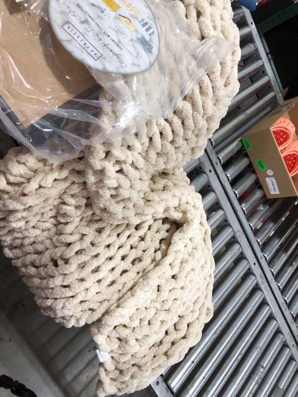 Photo 2 of Adyrescia Chunky Knit Blanket Throw | 100% Hand Knit with Jumbo Chenille Yarn (50"x60", Cream White) 