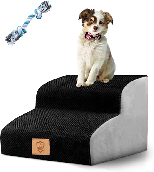 Photo 1 of  High Density Foam Dog Stairs 2/3/4 Tiers, Extra Wide Deep Dog Steps, Non-Slip Dog Ramp, Soft Foam Pet Steps, Best for Dogs Injured,Older Cats,Pets with Joint Pain, with 1 Dog Rope Toy (Black) 3 Step