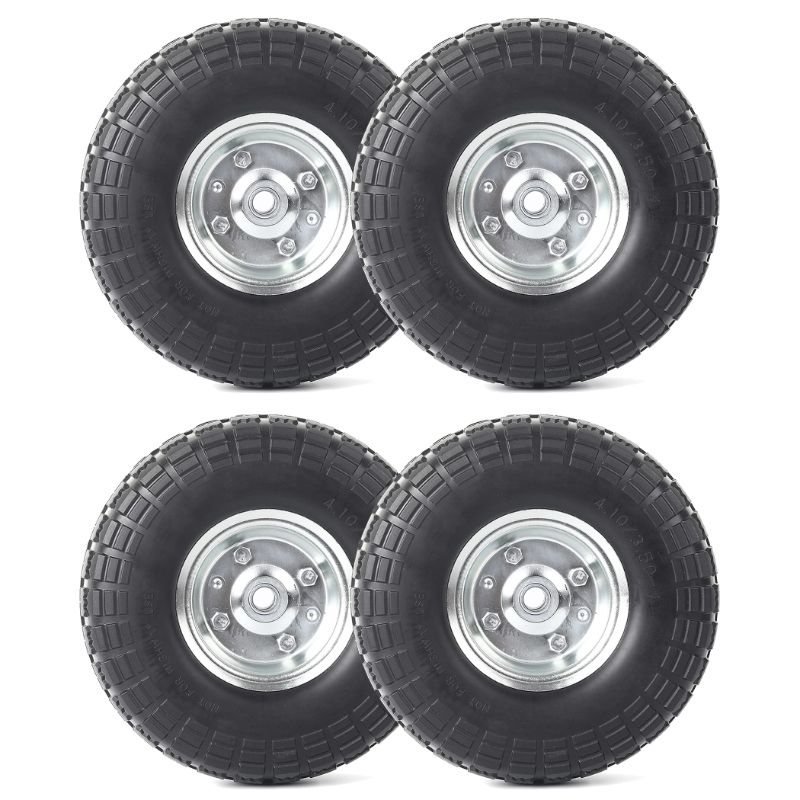 Photo 1 of (4-Pack) AR-PRO 10-Inch Solid Rubber Tires and Wheels - Replacement 4.10/3.50-4” Tires and Wheels with 5/8” Axle Bore Hole, 2.2” Offset Hub, and Double Sealed Bearings - Perfect for Gorilla Carts 4 Sliver
