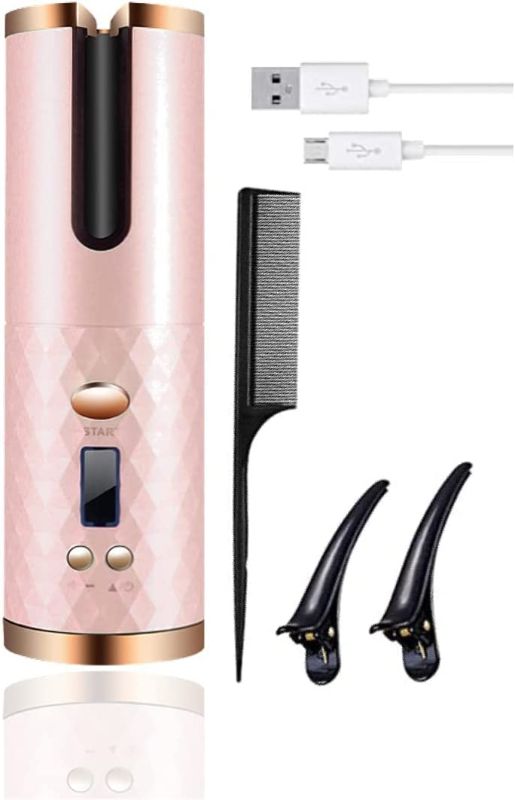 Photo 1 of Automatic Hair Curler, Portable Cordless Curling Iron, Rechargeable Rotating Ceramic Barrel Wireless Hair Curler, Hair Curler Wand with Timer and Temperature Pink
