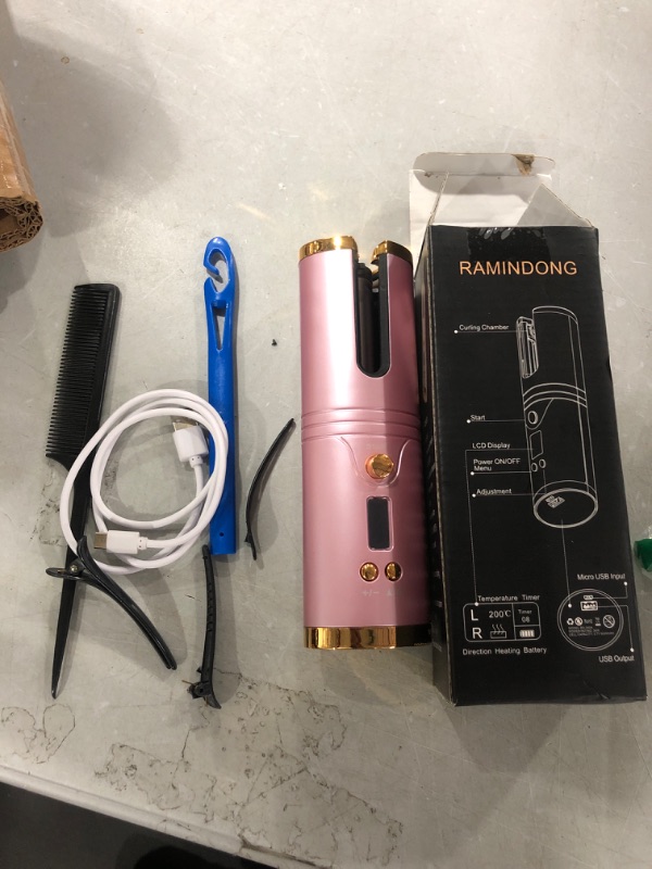 Photo 1 of Automatic Hair Curler, Portable Cordless Curling Iron, Rechargeable Rotating Ceramic Barrel Wireless Hair Curler, Hair Curler Wand with Timer and Temperature Pink
