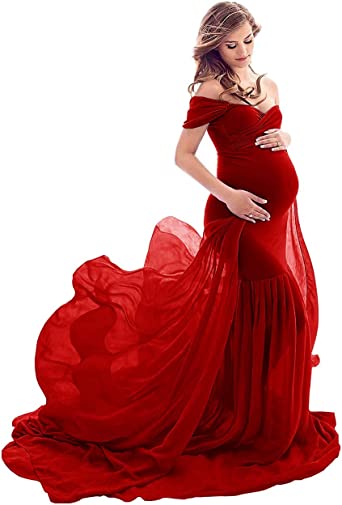 Photo 1 of ZIUMUDY Maternity Chiffon Mermaid Gown Off Shoulder Dropped Sleeve Fitted Photo Shoot Photography Dress BURGUNDY--NO SIZE LISTED