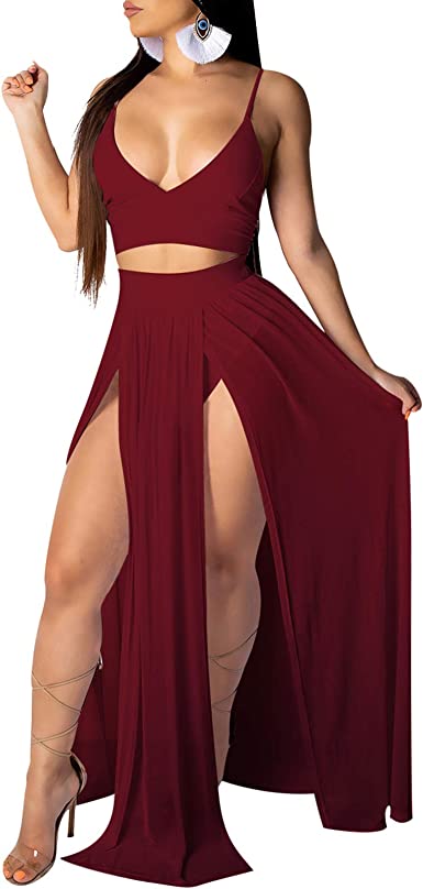 Photo 1 of  Women's Sexy Summer 2 Piece Maxi Chiffon Dress Crop Top Skirt Set Beachwear Cover Up SIZE XL 