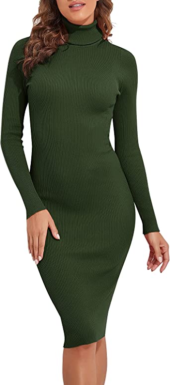 Photo 1 of  Turtleneck Sweater Dress Long Sleeve Ribbed Knit Stretch Midi Bodycon Dresses SIZE M