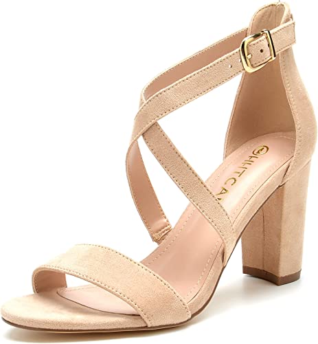 Photo 1 of HHTCAL Sexy Cross Strappy Heels for Women Chunky Block High Heel Comfortable Buckle Round Open Toe Ankle Strap Heeled Sandals Party Bridesmaid Bride Wedding Shoes Size 7