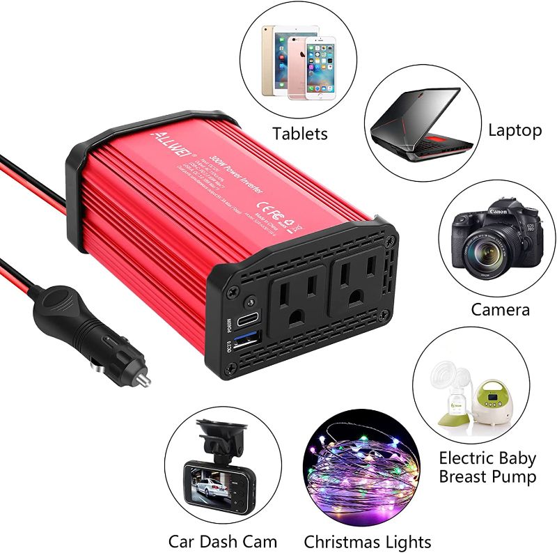 Photo 1 of ALLWEI 300W Car Power Inverter DC 12V to 110V AC Power inverters for Vehicles Converter USB-C PD65W/18W USB Fast Charging Ports Car Charger Adapter (Red)
