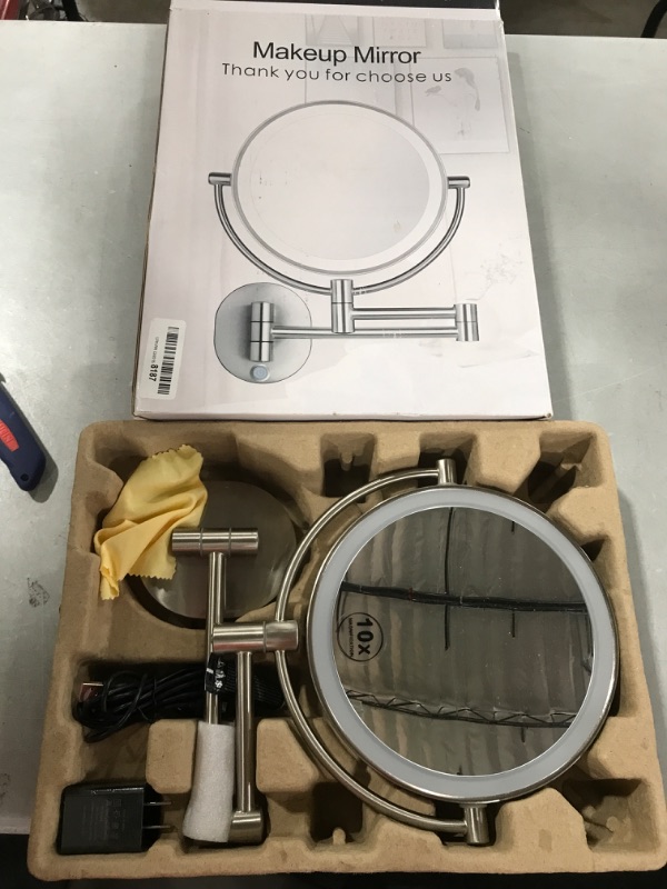 Photo 1 of Beauty Touch Round Wall Mounted Two-Arm LED Lighted Magnifying Makeup Mirror, Adjustable Light Color Changing Touch Sensor, 5x Magnification
