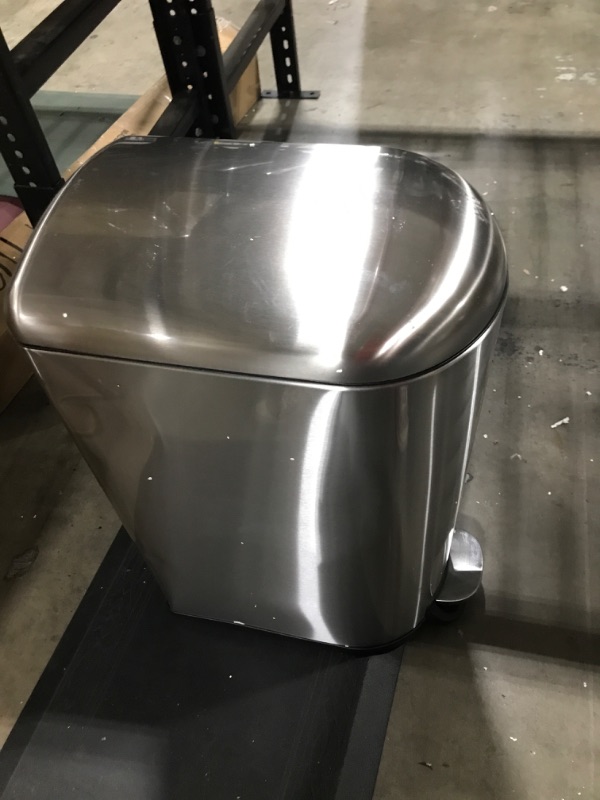 Photo 2 of Amazon Basics 40 Liter / 10.5 Gallon Soft-Close, Smudge Resistant Trash Can with Foot Pedal for Narrow Spaces - Brushed Stainless Steel
