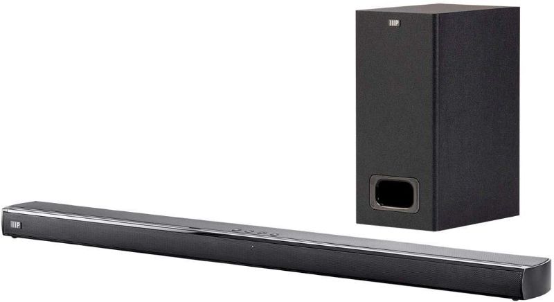 Photo 1 of Monoprice SB-200SW Premium Slim Soundbar with Wireless Subwoofer HDMI ARC, Bluetooth, Optical, and Coax Inputs Black
