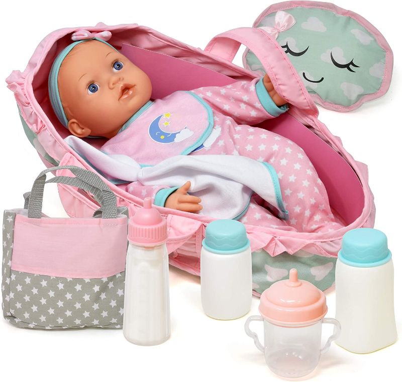 Photo 1 of Baby Doll Feeding Set, 16 Inch Soft Body Baby Doll with Carrier Bassinet Bed, Includes Diaper Bag, Realistic Bottle, Bib and Pillow
