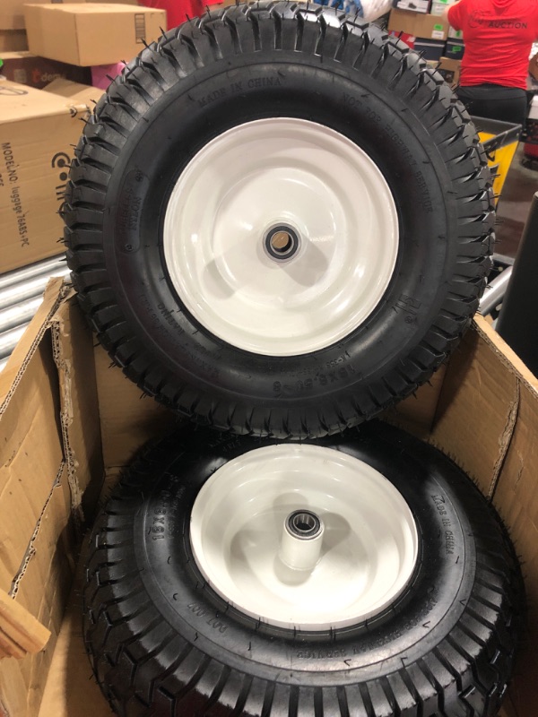 Photo 2 of (2-Pack) 16x6.50-8 Tubeless Tires on Rim - Universal Fit Riding Mower and Yard Tractor Wheels - With Chevron Turf Treads - 3” Offset Hub and 3/4” Bearings - 4 Ply with 615 lbs Max Weight Capacity 16x6.50-8 Tubeless White