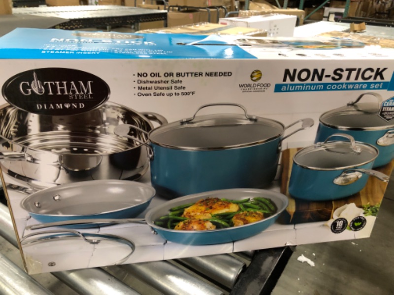 Photo 2 of Gotham Steel Aqua Blue 10 Piece Pots and Pans Set with Ultra Nonstick Ceramic Coating - Includes Frying Pans, Stock Pots, Saucepans & More, Stay Cool Handles, Oven & Dishwasher Safe, 100% PFOA Free