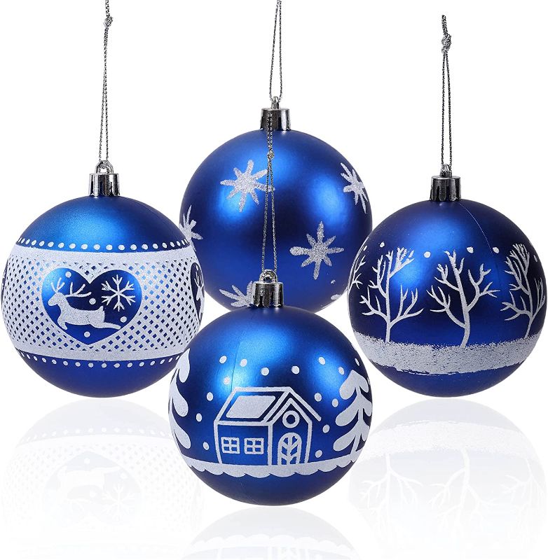 Photo 1 of 12-Pack Christmas Balls Ornaments 3.15-Inch Blue Glittered Print Ball for Tree Decoration Shatterproof Hand Painting Hanging Ornaments for Xmas Home Decor Festival Party Holiday