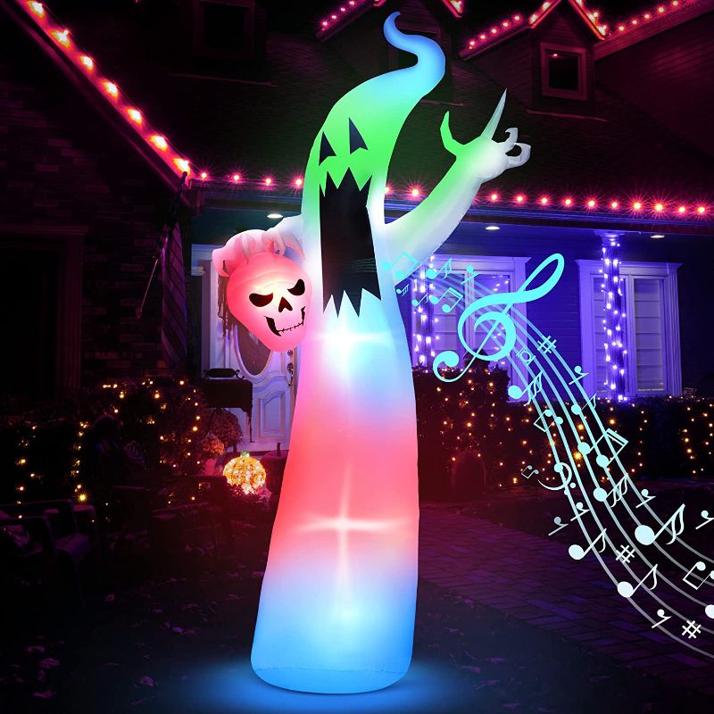 Photo 1 of 12 ft Halloween White Ghost Inflatable Outdoor Decor, Blow up Scary Ghost Skull Halloween Yard Decoration with Sensor Music Box Built in LED Lights, Halloween Party Decor for Indoor Lawn Patio Garden