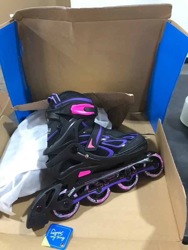 Photo 2 of 2PM SPORTS Vinal Girls Adjustable Flashing Inline Skates, All Wheels Light Up, Fun Illuminating Skates for Kids and Men- Azure Small (1Y-4Y US) Violet & Magenta Medium - Big Kid (1-4 US)