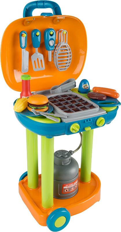 Photo 1 of BBQ Grill Toy Set - Interactive Play Kitchen Set with Lights and Sounds, Wheels, Toy Food, and Cooking Accessories by Hey! Play!, Multicolor, (80-PP-TK081711)

