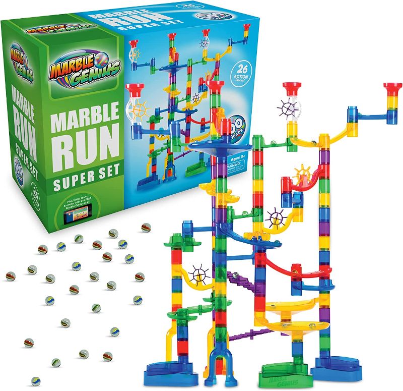 Photo 1 of Marble Genius Marble Run (150 Complete Pieces) Maze Track or Race Game for Adults, Teens, Toddlers, or Kids Aged 4-8 Years Old, (85 Translucent Marbulous Pieces + 65 Glass-Marble Set), Super Set