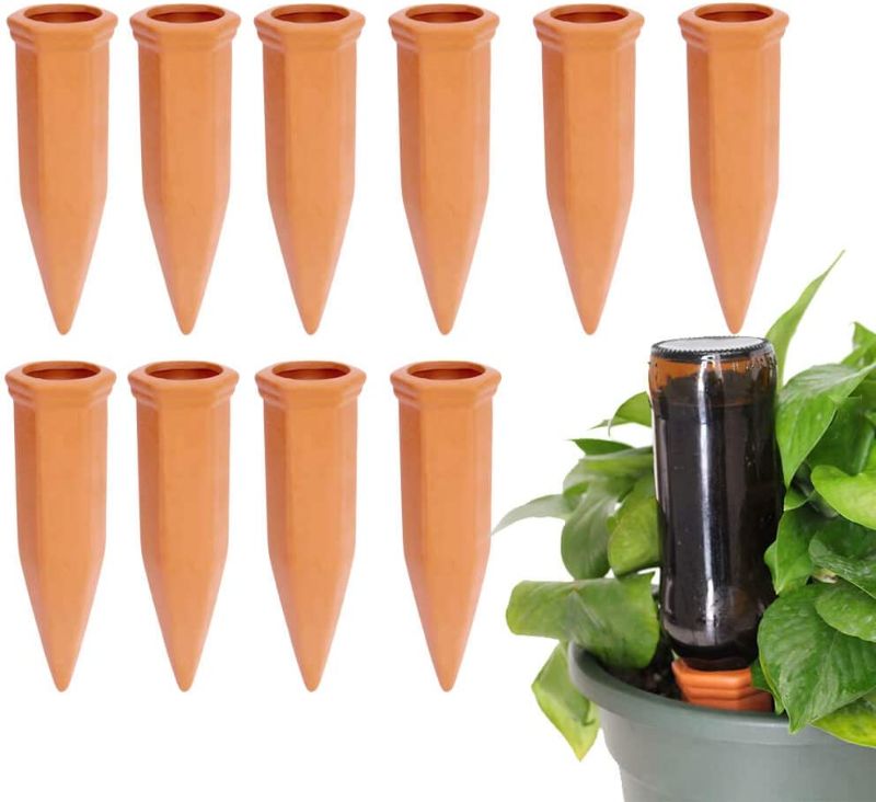 Photo 1 of 10pcs Terracotta Watering Spikes - Automatic Self Watering Stakes, Plant Watering Devices for Wine Bottles Recycled Bottles, Clay Plant Garden Waterers for Vacations https://a.co/d/fd330XD