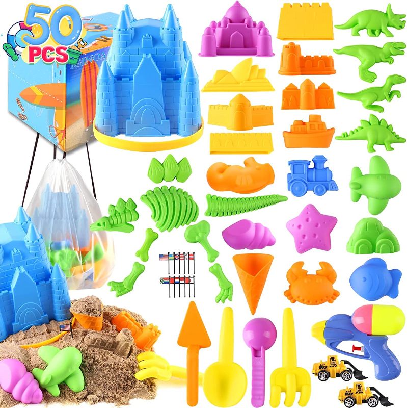 Photo 1 of Beach Sand Molds Toys Set for Kids Baby Toddlers - 50PCS, Includes Castle Bucket, Shovel Tools Kit, Skeleton and Building Mold, Outdoor Play Sandbox Toy for 3-10 Year Old Age Boys Girls, Summer Gift 