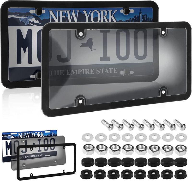 Photo 1 of 2 Pack Car Smoked License Plate Covers Frame Shield Combo - Unbreakable License Plate Tinted Cover Novelty Fits All Standard US Plates,Bubble Design License Plate Holder with Screws & Caps(Black) 