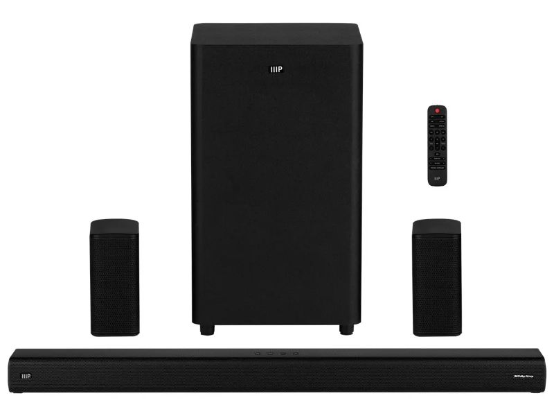 Photo 1 of Monoprice SB-600 Dolby Atmos 5.1.2 Soundbar with Wireless Subwoofer and Wireless Surround Speakers, 2 HDMI Inputs, 4K HDR/DV Pass-Through, eArc, Bluetooth, Toslink, Coax, Remote
