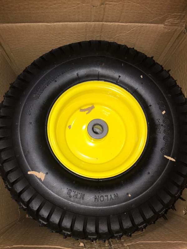 Photo 2 of (2 Pack) AR-PRO Exact Replacement 15" x 6.00 - 6" Front Tire and Wheel Assemblies for John Deere Riding Mowers - Compatible with John Deere 100 and D100 Series - 3” Hub Offset and 3/4” Bushings 15" x 6.00-6" Yellow