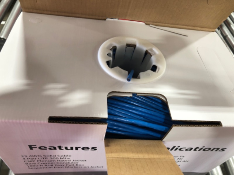 Photo 2 of Cat6A Plenum (CMP), 1000ft, 23AWG | 100% Solid Bare Copper | Unshielded Twisted Pair (UTP) Bulk Ethernet Cable, Available in Blue, White & Black Color (Cat6A Plenum Blue)