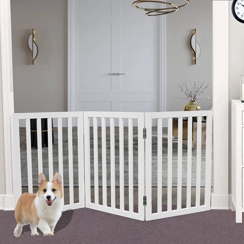 Photo 1 of ZJSF Freestanding Foldable Dog Gate for House Extra Wide Wooden White Puppy Gate Stairs Dog Gates Doorways Tall Pet Gate 3 Panels Pet Fence
