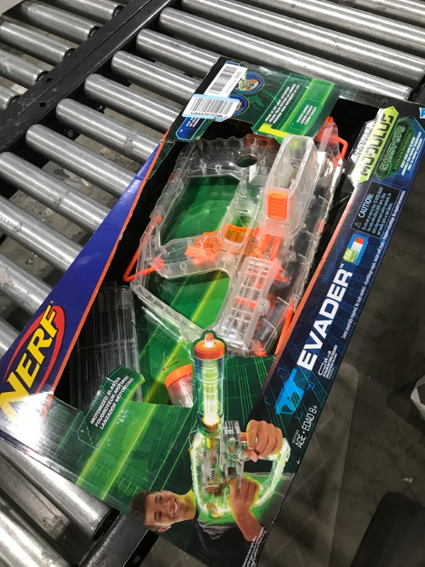 Photo 1 of NERF Modulus Ghost Ops Evader Motorized Blaster -- Light-Up See-Through Blaster and Barrel Extension, Includes 12 Official Elite Darts (Amazon Exclusive) Standard Packaging