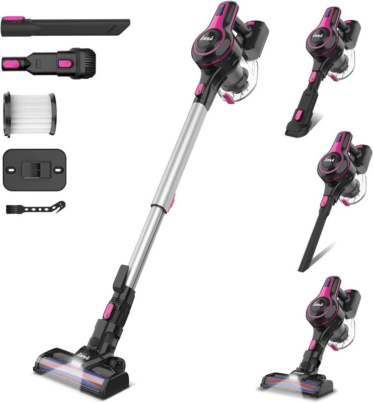 Photo 1 of INSE Cordless Vacuum Cleaner, 6-in-1 Rechargeable Stick Vacuum with 2200 m-A-h Battery, Powerful Lightweight Vacuum Cleaner, Up to 45 Mins Runtime, for Home Hard Floor Carpet Pet Hair-N5 ****PINK****
