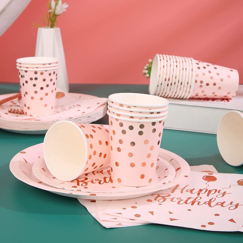 Photo 1 of 200PCS Rose Gold Birthday Decorations for Girl Party Plates and Cups and Napkins Sets, Pink Birthday supplies for Women 