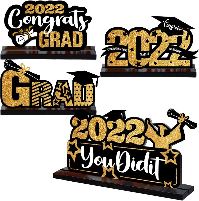 Photo 1 of 4 Pieces 2022 Graduation Party Decorations Wooden Class of Grad Congratulate Graduation Table Toppers for High School College Graduation Party Supplies (Gold) 