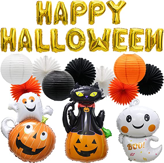 Photo 1 of 26PCS Halloween Party Decorations,Gold Happy Halloween Foil Balloon Banner Ghost Black Cat Pumpkin Foil Balloons Paper Fans Paper Lanterns for Adult Kids Birthday Home Decor Indoor Outdoor by Meiduo 