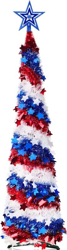 Photo 1 of 5.3 Ft Prelit Pencil Christmas Tree Decor Star Sequins Battery Operated Tinsel Pop Up Slim Artificial Xmas Tree Home Party Indoor Outdoor Christmas Decoration (Red & Blue & White)
