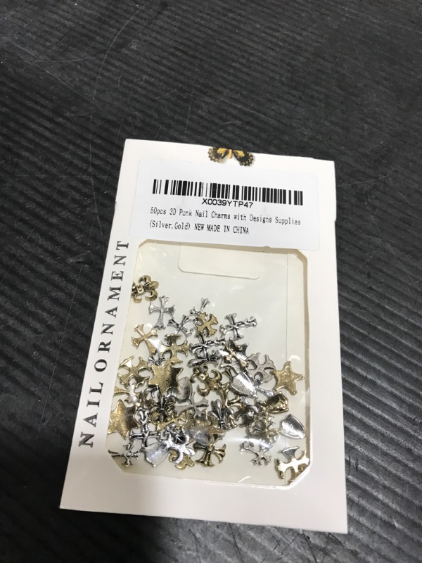 Photo 1 of 50pcs 3D Punk Nail Charms with Vintage Silver and Gold Chrome Metal Heart Cross Skull Gothic Mixed Types for Women DIY Nail Designs Supplies (Silver,Gold)
