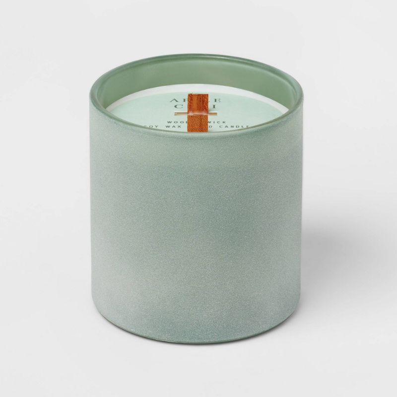 Photo 1 of 14oz 2-Wick Fall Green Dusted Cylinder Glass Apple Chai Woodwick Candle Green - Threshold™
