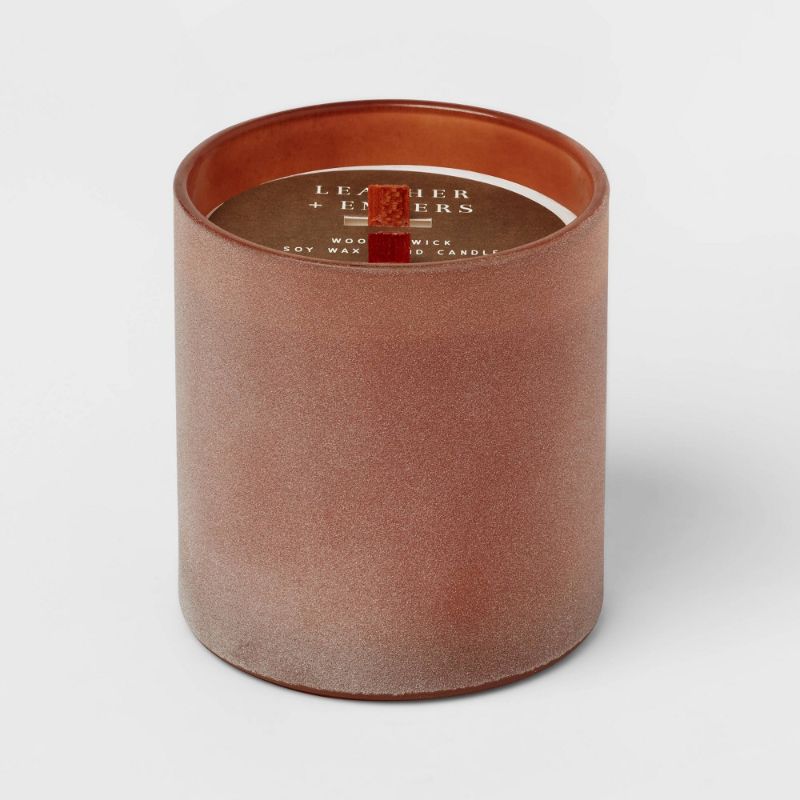 Photo 1 of 14oz 2-Wick Muddy Brown Dusted Cylinder Glass Leather + Embers Woodwick Candle Brown - Threshold™
