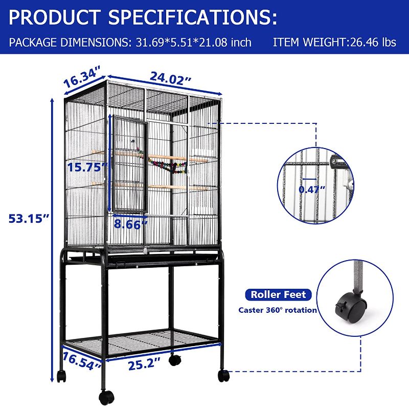 Photo 2 of 53-inch Bird Cage with Rolling Stand & Storage Shelf, Large Wrought Iron Parrot Cage for Cockatiel, Conure, Lovebird, Parakeets, Pet House with Bottom Tray Wire