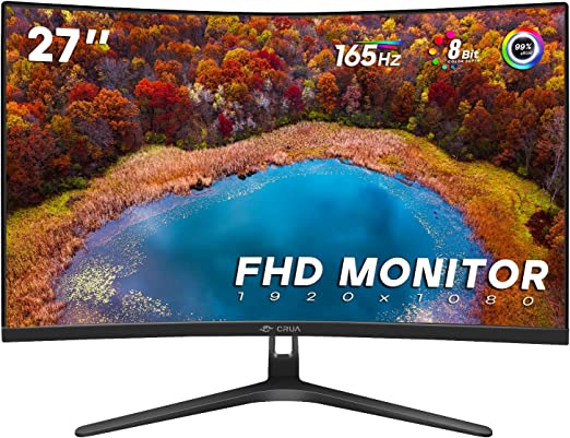 Photo 1 of CRUA 27" 144hz/165HZ Curved Gaming Monitor, Full HD 1080P 1800R Frameless Computer Monitor, 1ms GTG with FreeSync, Low Motion Blur, Eye Care, VESA, DisplayPort, HDMI, Black