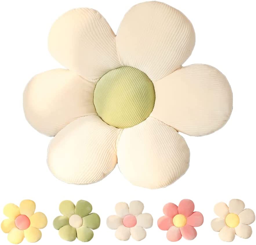 Photo 1 of  Flower Floor Pillow, Flower Shaped Seating Cushion -Cute Flowe Pillow for Girls Tweens Room Decor Floor Pillow for Reading and Lounging Comfy (White + green-15'')