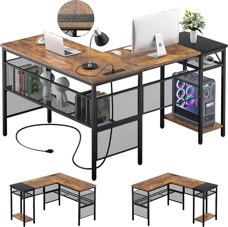 Photo 1 of Unikito L Shaped Computer Desk with USB Charging Port and Power Outlet, Reversible L-Shaped Corner Desk with Storage Shelves, 2 Person Gaming Table Modern Home Office Desk, Rustic and Black
