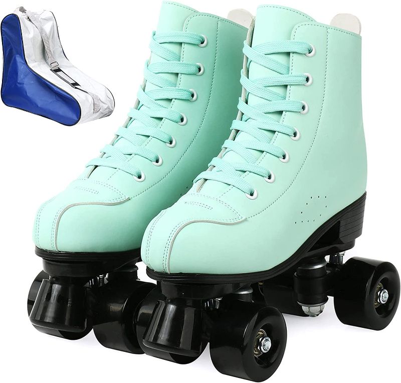 Photo 1 of XUDREZ Roller Skates for Women Cozy Green PU Leather High-top Roller Skates for Beginner, Indoor Outdoor Double-Row Roller Skates with Shoes Bag