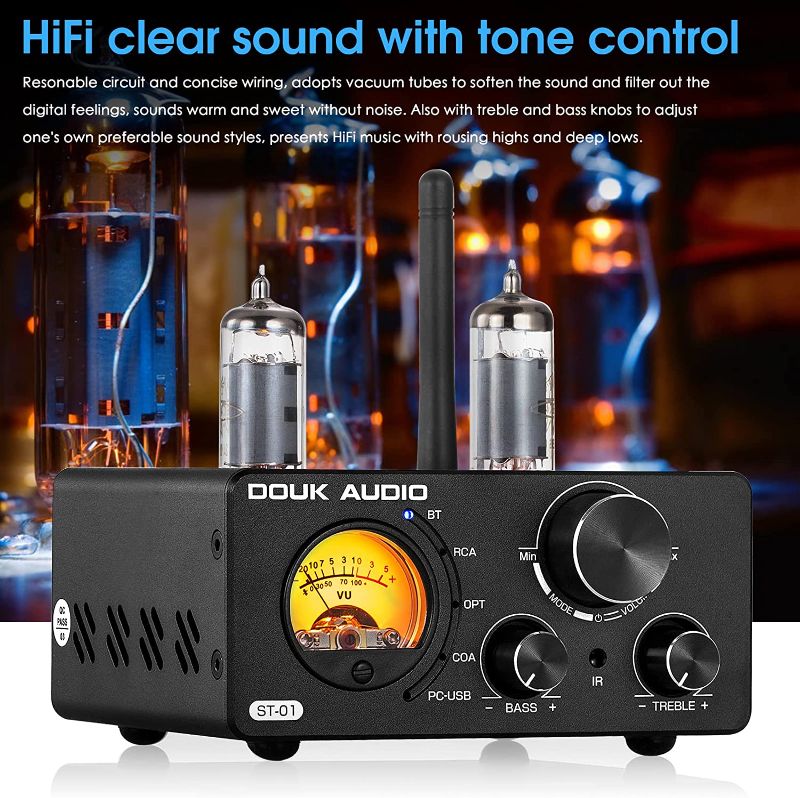 Photo 1 of Douk Audio ST-01 200W Bluetooth Amplifier, 2 Channel Vacuum Tube Power Amp with USB DAC/Coaxial Optical Inputs/VU Meter/Treble Bass Control for Home Theater/Stereo Speakers (Upgrade Version)