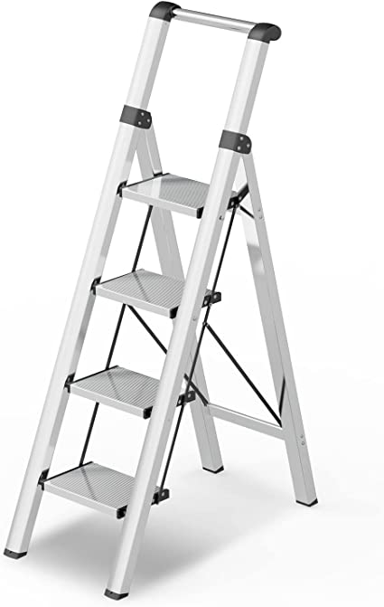 Photo 1 of 4 Steps Lightweight Aluminum Ladder Folding Step Stool Stepladders with Anti-Slip and Wide Pedal for Home and Kitchen Use Space Saving (Silver)
